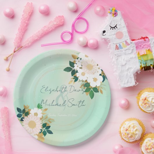 Romantic White Flowers Mint Waterverf Design Papieren Bordje (Feest)