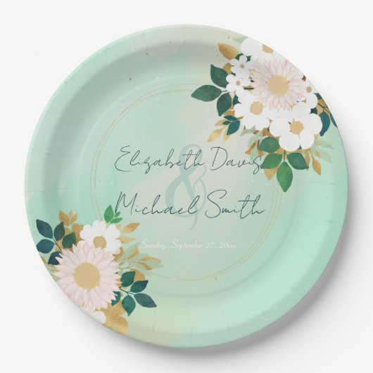 Romantic White Flowers Mint Waterverf Design Papieren Bordje (Voorkant)