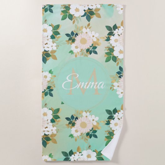 Romantic White Flowers Mint Waterverf Design Strandlaken (Voorkant)