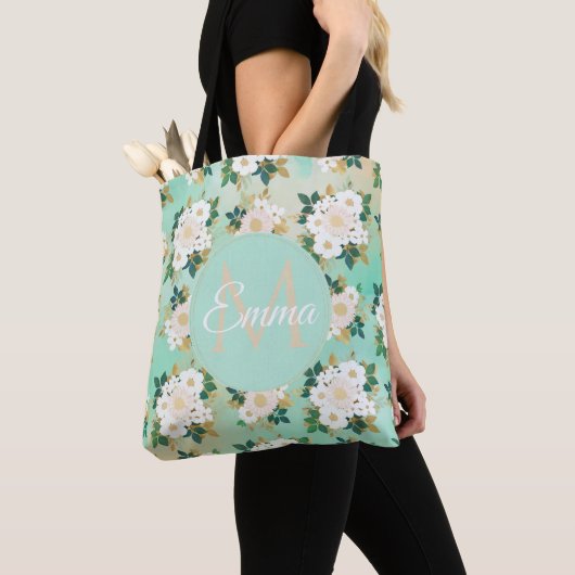 Romantic White Flowers Mint Waterverf Design Tote Bag (Dichtbij)