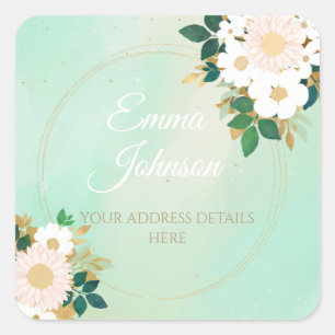 Romantic White Flowers Mint Waterverf Design Vierkante Sticker
