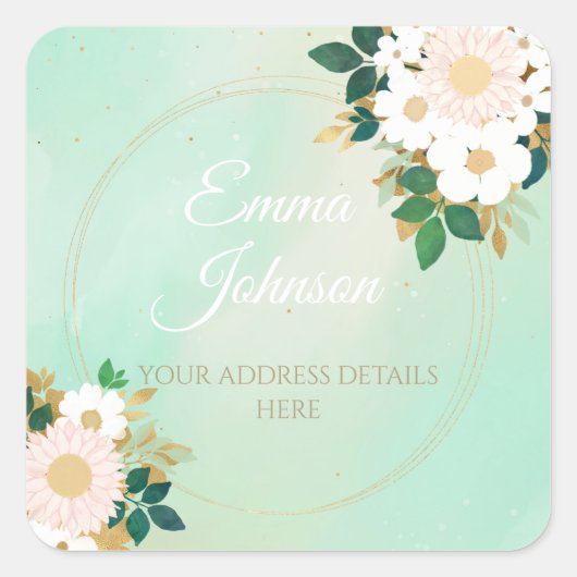 Romantic White Flowers Mint Waterverf Design Vierkante Sticker (Voorkant)