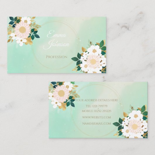 Romantic White Flowers Mint Waterverf Design Visitekaartje (Voorkant / Achterkant)