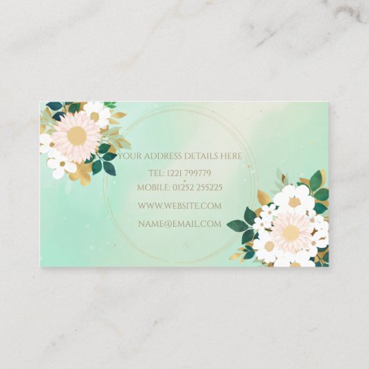 Romantic White Flowers Mint Waterverf Design Visitekaartje (Achterkant)