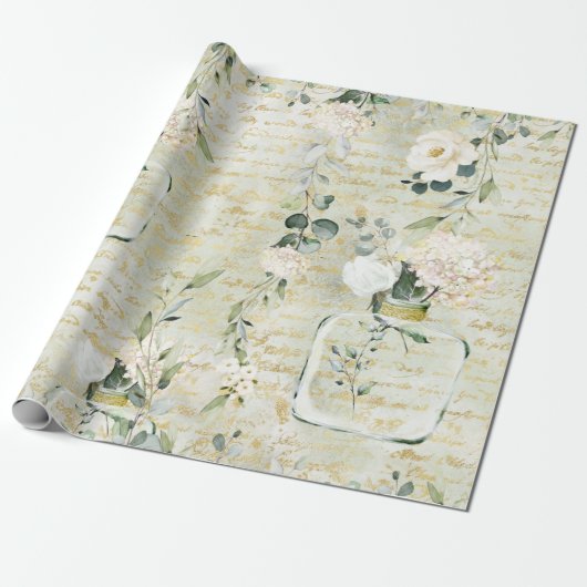 Romantic White Greenery & Gold Botanical Floral Cadeaupapier (Uitgerold)