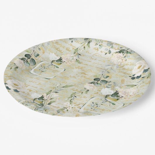 Romantic White Greenery & Gold Botanical Floral Papieren Bordje (Gekanteld)