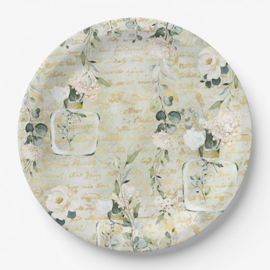 Romantic White Greenery & Gold Botanical Floral Papieren Bordje (Voorkant)