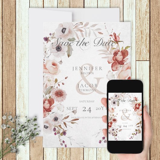 Romantic White Pink Floral Save the Date Kaart