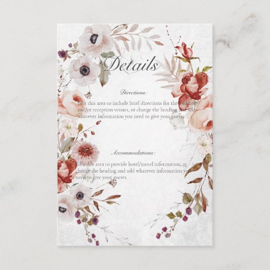 Romantic White Pink Floral Wedding Details Kaart (Voorkant)