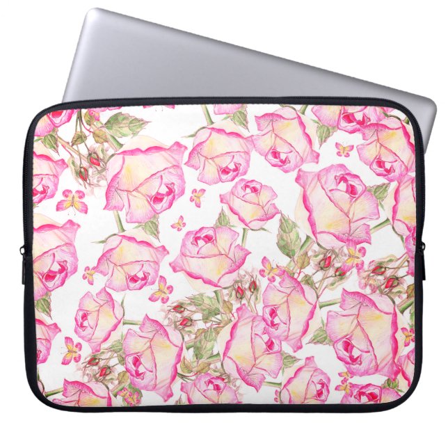 Romantic white pink yellow summer rose floral laptop sleeve (Voorkant)