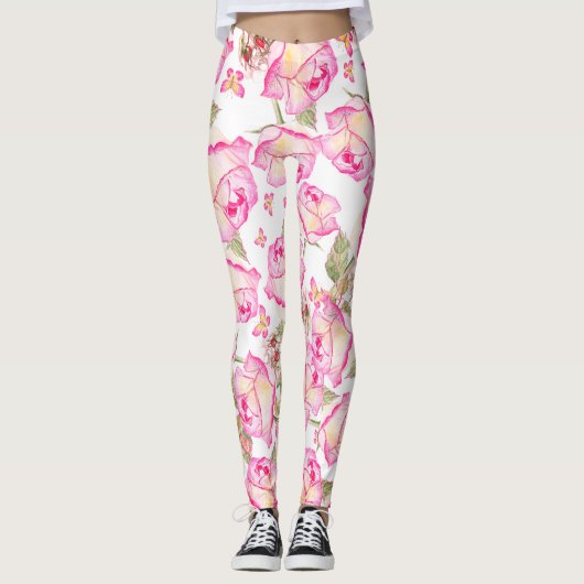 Romantic white pink yellow summer rose floral leggings (Voorkant)