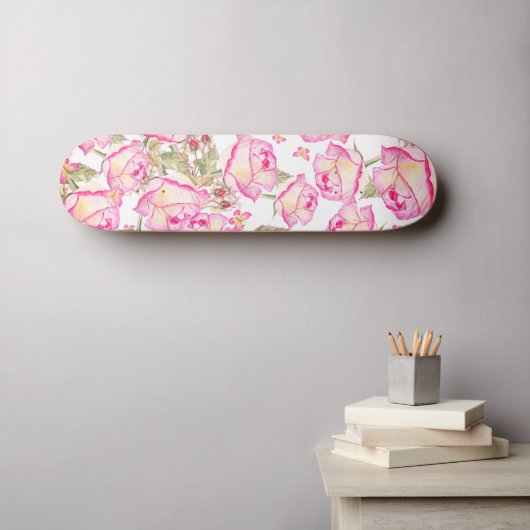 Romantic white pink yellow summer rose floral persoonlijk skateboard (Muurkunst (Horizontaal))
