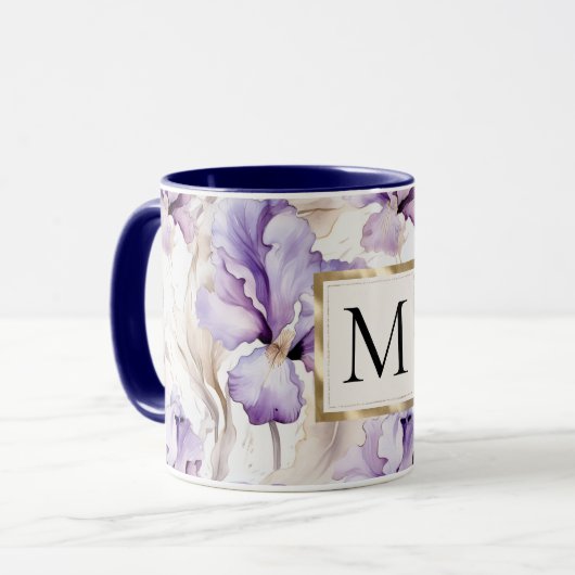 Romantic White Purple Iris Floral Monogram Mok (Voorkant links)