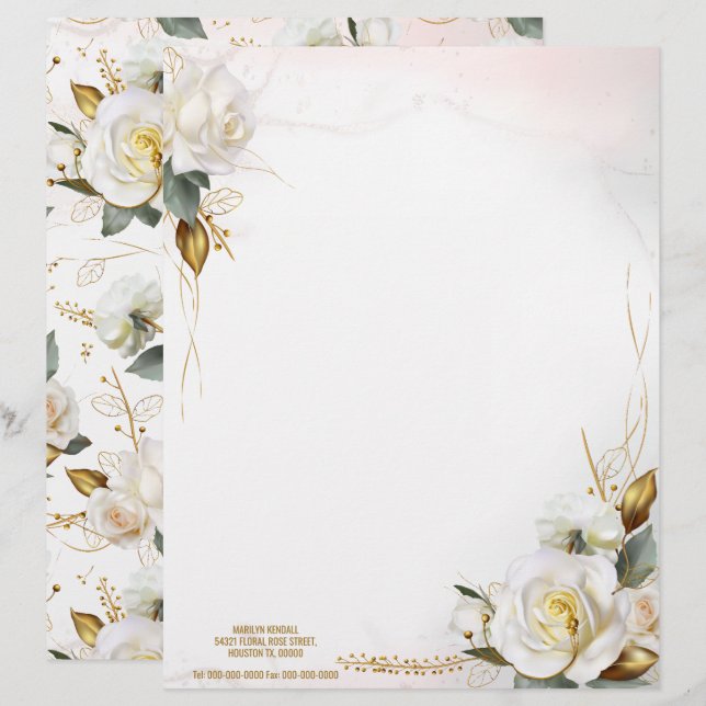 Romantic White Rose Gold Floral Wedding Briefhoofd (Voorkant / Achterkant)