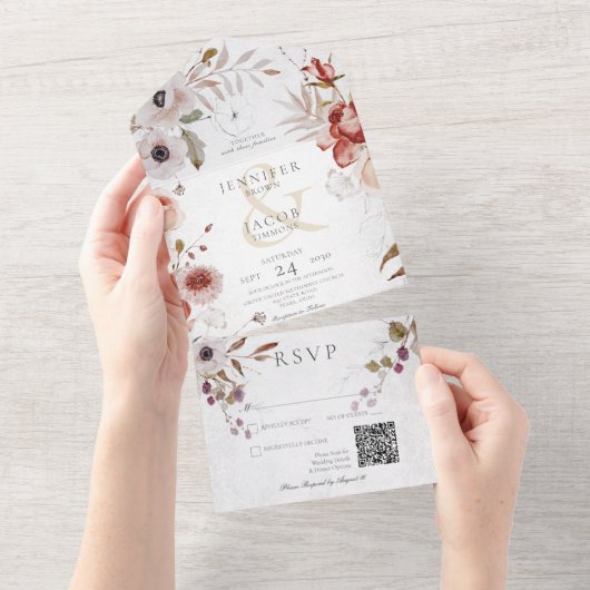 Romantic White & Roze Floral QR Code All In One Uitnodiging (Afscheurbaar)