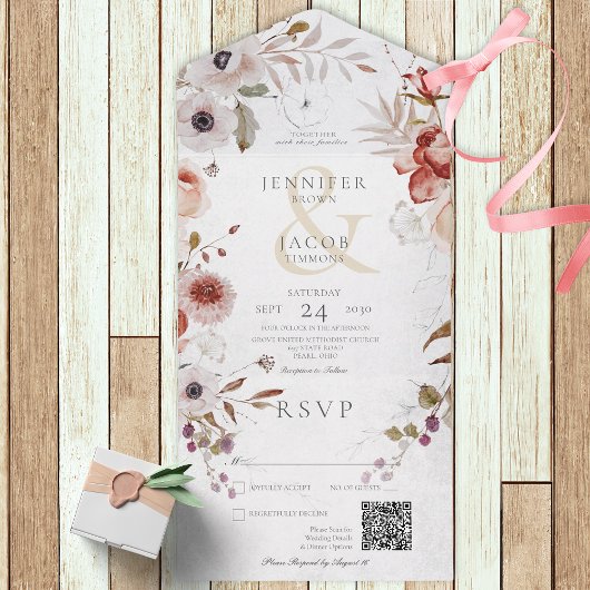 Romantic White & Roze Floral QR Code All In One Uitnodiging