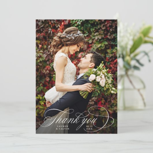 Romantic White Script 2 Photo Wedding Bedankkaart (Staand voorkant)
