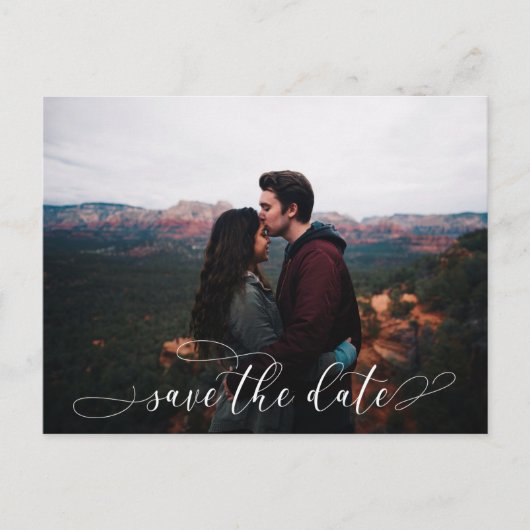 Romantic White Script Weduwfoto Save the Date Aankondigingskaart (Voorkant)