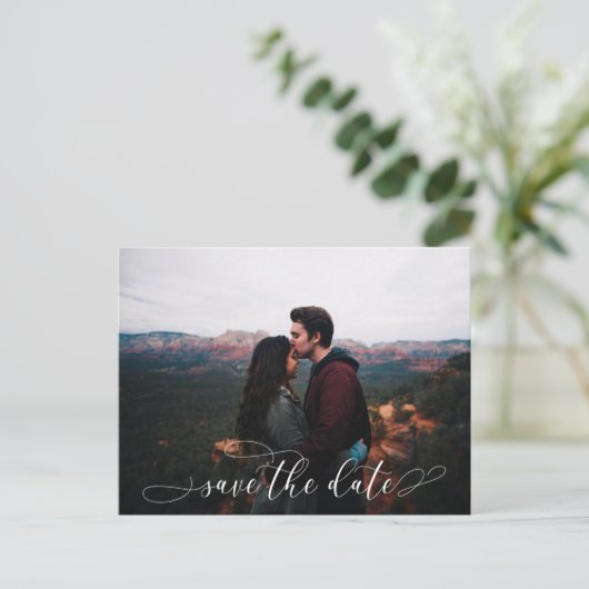 Romantic White Script Weduwfoto Save the Date Aankondigingskaart (Staand voorkant)