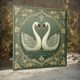 Romantic White Swan Couple Art Deco Pond Green Sea Tegeltje
