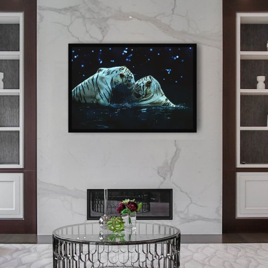 Romantic White Tiger Couple in Water at Night Poster