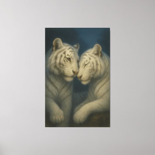 Romantic White Tiger Couple – Moonlit Soft Blue Fi Canvas Afdruk (Voorkant)