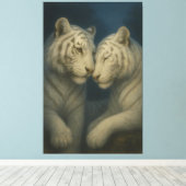 Romantic White Tiger Couple – Moonlit Soft Blue Fi Canvas Afdruk (Insitu (Houten vloer))