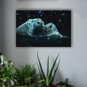 Romantic White Tiger Couple onder Sterrennacht Canvas Afdruk