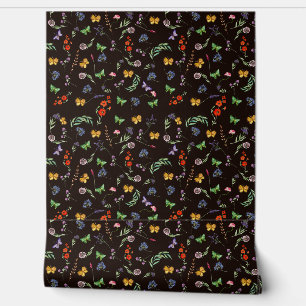 Romantic Wildbloemen en Butterflies zwart Behang