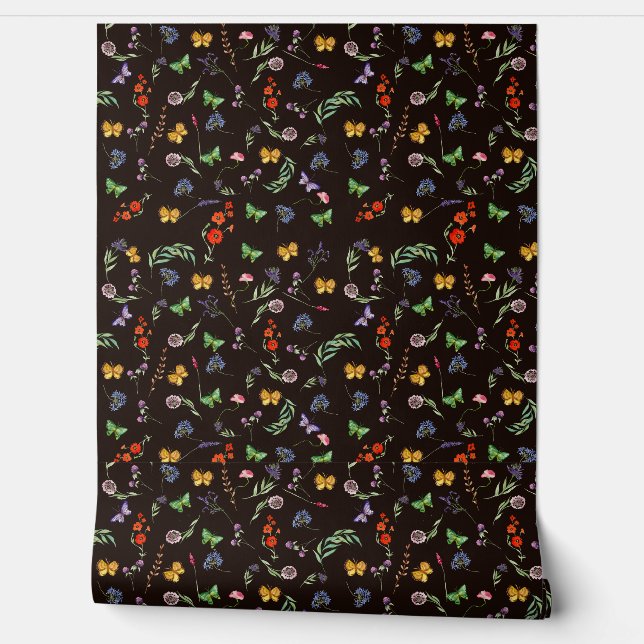Romantic Wildbloemen en Butterflies zwart Behang (Afrollen)
