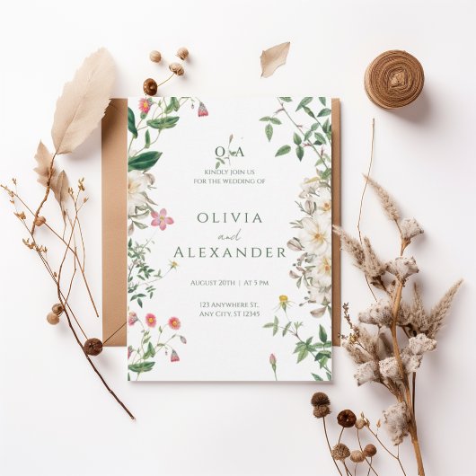 Romantic Wildflower Botanical Wedding Invitation Kaart