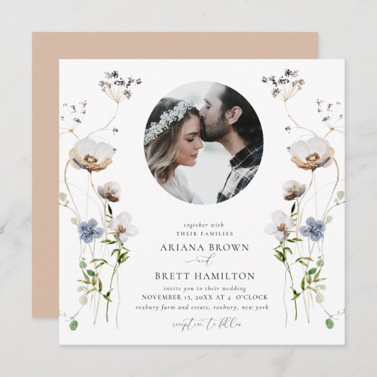 Romantic Wildflower Calligraphy Wedding Invitation Kaart (Voorkant / Achterkant)
