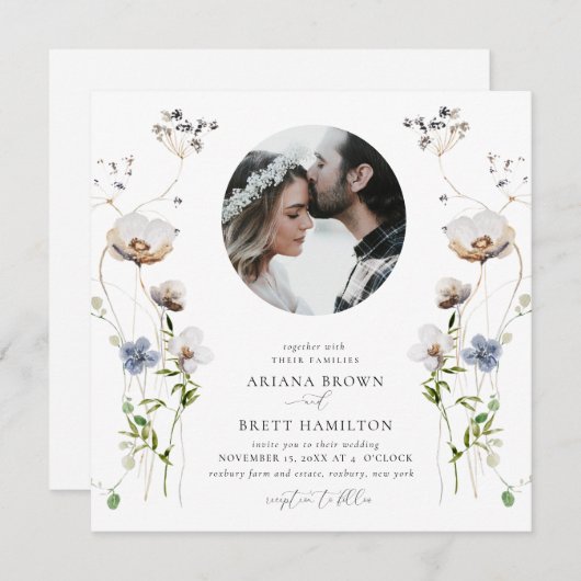 Romantic Wildflower Calligraphy Wedding Invitation Kaart (Voorkant / Achterkant)