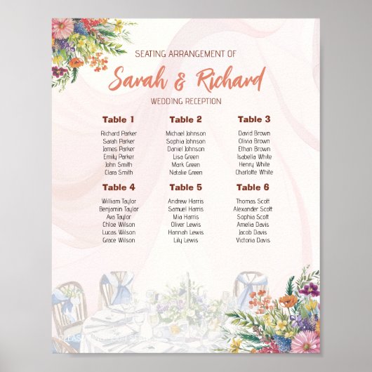 Romantic Wildflower Wedding Seating Chart Poster (Voorkant)