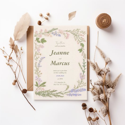 Romantic Wildflower Wreath Wedding Invitation Kaart