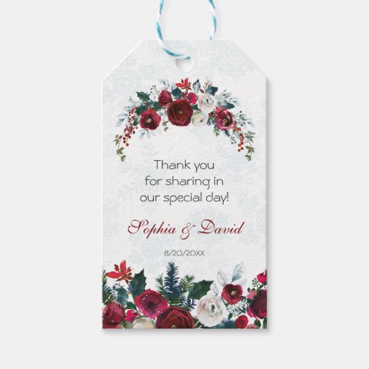 Romantic Winter Burgundy Floral Pine Wedding Cadeaulabel (Voorkant)