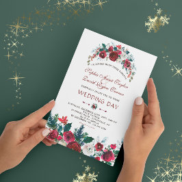 Romantic Winter Burgundy Floral Pine Wedding Kaart