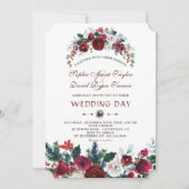 Romantic Winter Burgundy Floral Pine Wedding Kaart (Voorkant)