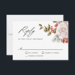 Romantic Winter Floral en Evergreens RSVP<br><div class="desc">Deze prachtig elegante en unieke wintertrouwreactiekaart is speciaal ontworpen voor bruiloften tijdens het kerstvakantieseizoen en de wintermaanden. Romantische roze rozen mengen zich met mooie evergreens en heilig met rode bessen om een prachtige combinatie te vormen. Pas de tekst sjabloon aan met de gewenste datum van de trouwreactie. Andere overeenkomende trouwproducten...</div>