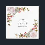 Romantic Winter Floral en Evergreens Wedding Servet<br><div class="desc">Dit prachtige elegante en unieke wintertrouwpapier is speciaal ontworpen voor bruiloften tijdens het kerstvakantieseizoen en de wintermaanden. Romantische roze rozen mengen zich met mooie evergreens en heilig met rode bessen om een prachtige combinatie te vormen. Pas de tekst sjabloon aan met de bruid- en bruidenamen en de trouwdatum of andere...</div>