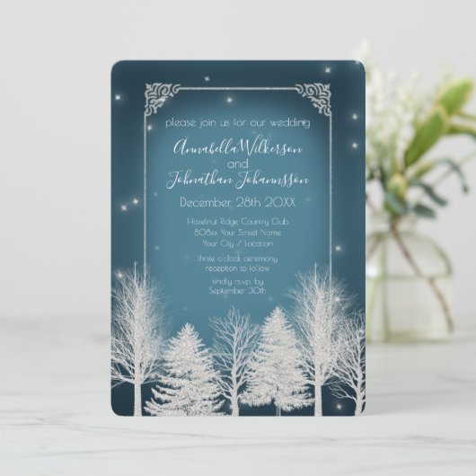 Romantic Winter Night in Navy Blue & White Glitter Kaart (Staand voorkant)