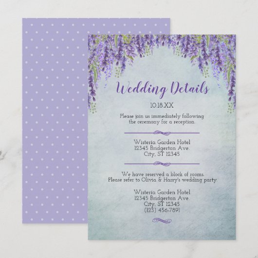 Romantic Wisteria Garden Wedding Details Announcem Aankondiging (Voorkant / Achterkant)