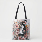 Romantic Woman with Flowers and Bird Illustration Tote Bag (Voorkant)