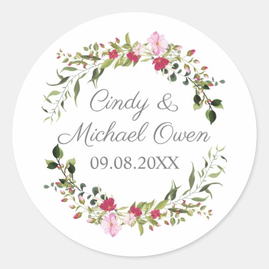 Romantic Wreath in Red and Pink for Wedding Gift Ronde Sticker (Voorkant)