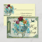 ROMANTİCA 3 BLOEMEN BRUILOFT MONOGRAM RSVP, metall RSVP Kaartje (Voorkant / Achterkant)