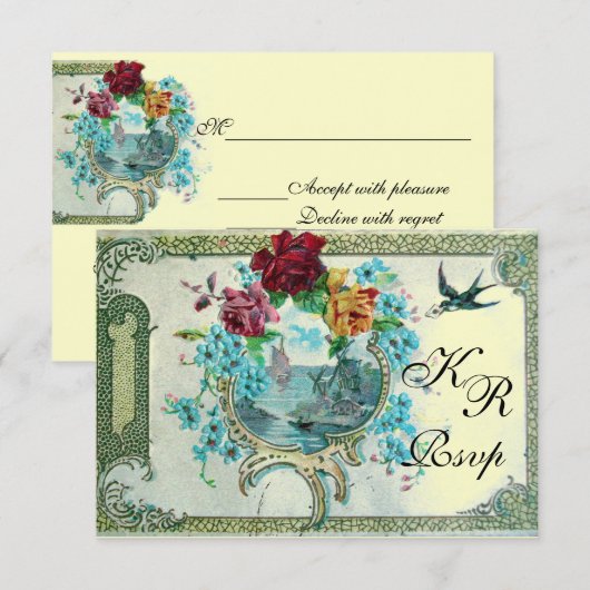 ROMANTİCA 3 BLOEMEN BRUILOFT MONOGRAM RSVP, metall RSVP Kaartje (Voorkant / Achterkant)