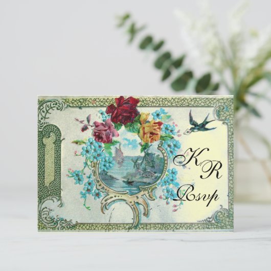 ROMANTİCA 3 BLOEMEN BRUILOFT MONOGRAM RSVP, metall RSVP Kaartje (Staand voorkant)