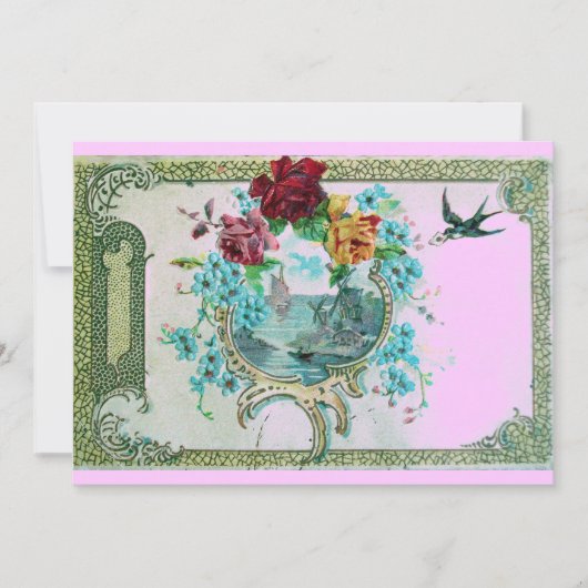 ROMANTICA 3 Bloemig Blauw Roze Bruiloft Feest Kaart (Voorkant)