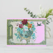 ROMANTICA 3 Bloemig Blauw Roze Bruiloft Feest Kaart (Staand voorkant)