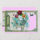 ROMANTICA 3 Bloemig Blauw Roze Bruiloft Feest Kaart (Voorkant / Achterkant)